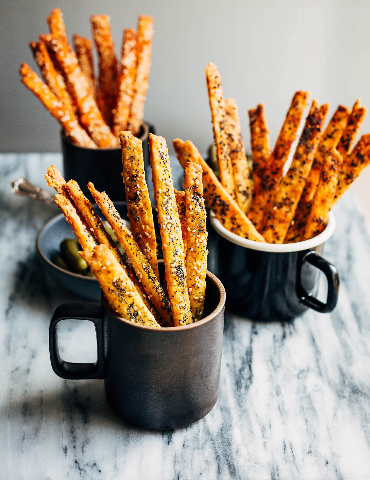 Seeded cheese straws, ready to serve. 