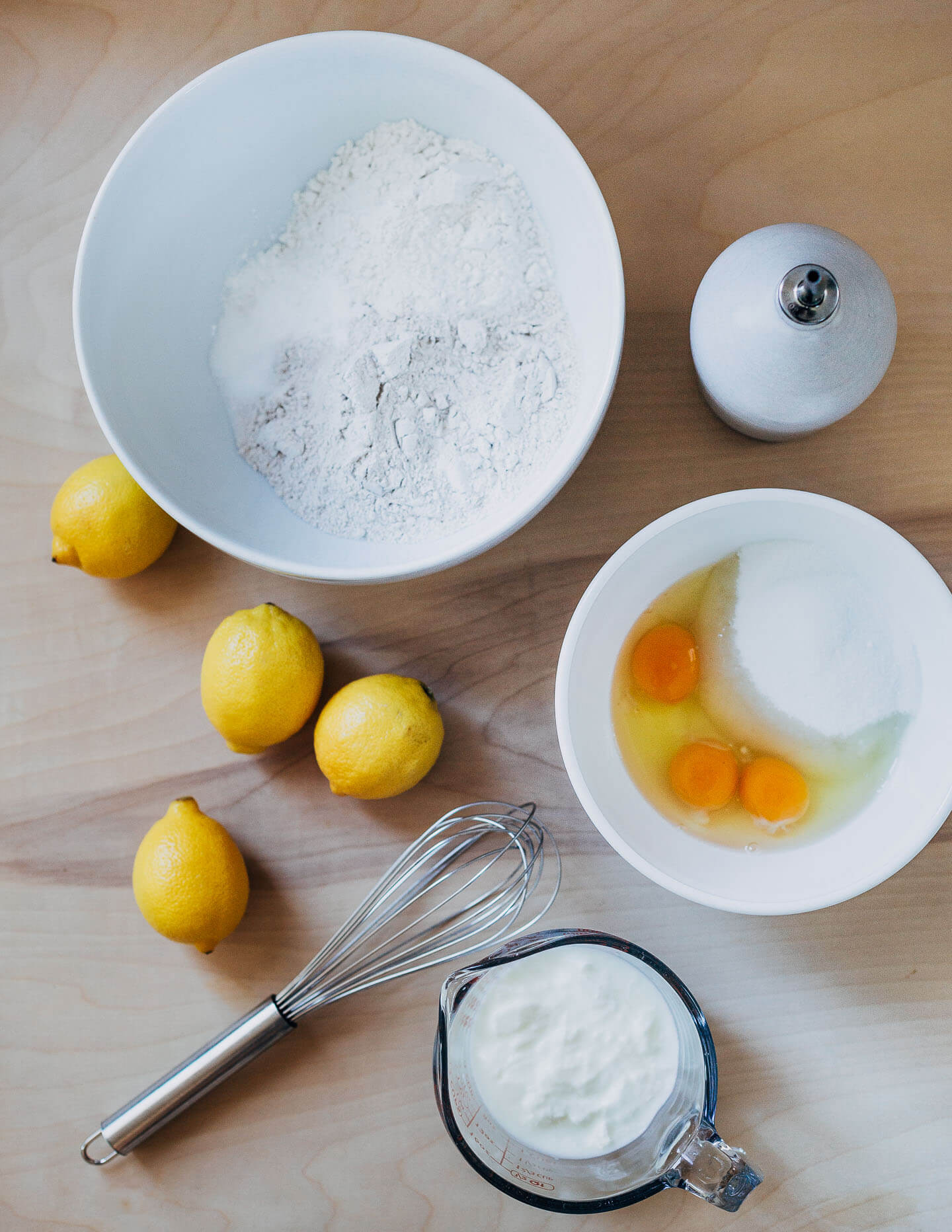 Ingredients for a spelt flour and lemon bundt cake. 