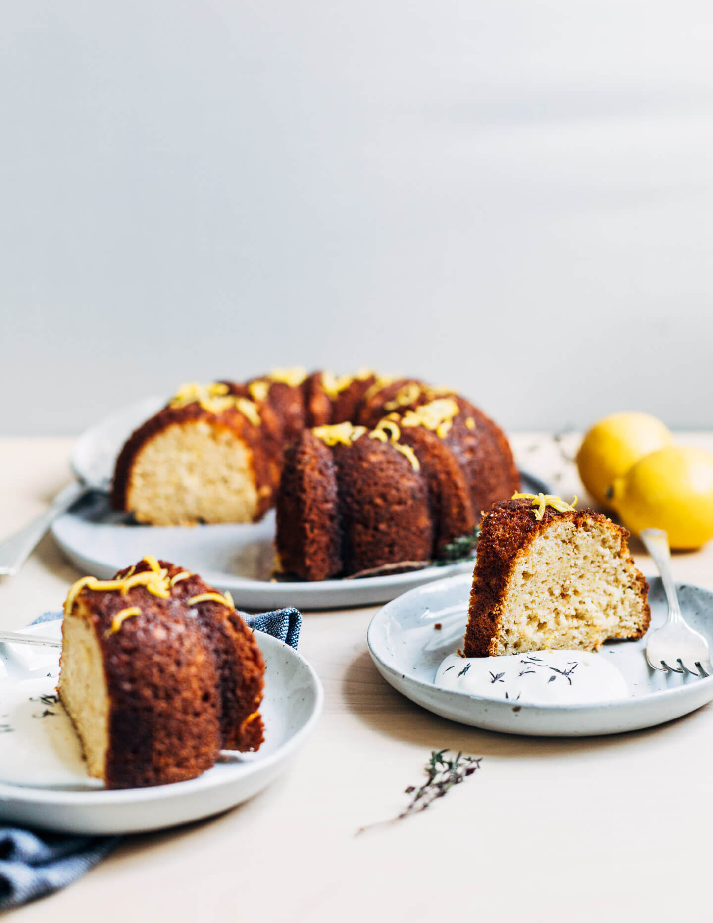 Spelt and olive oil lemon bundt cake, sliced and ready to serve. 