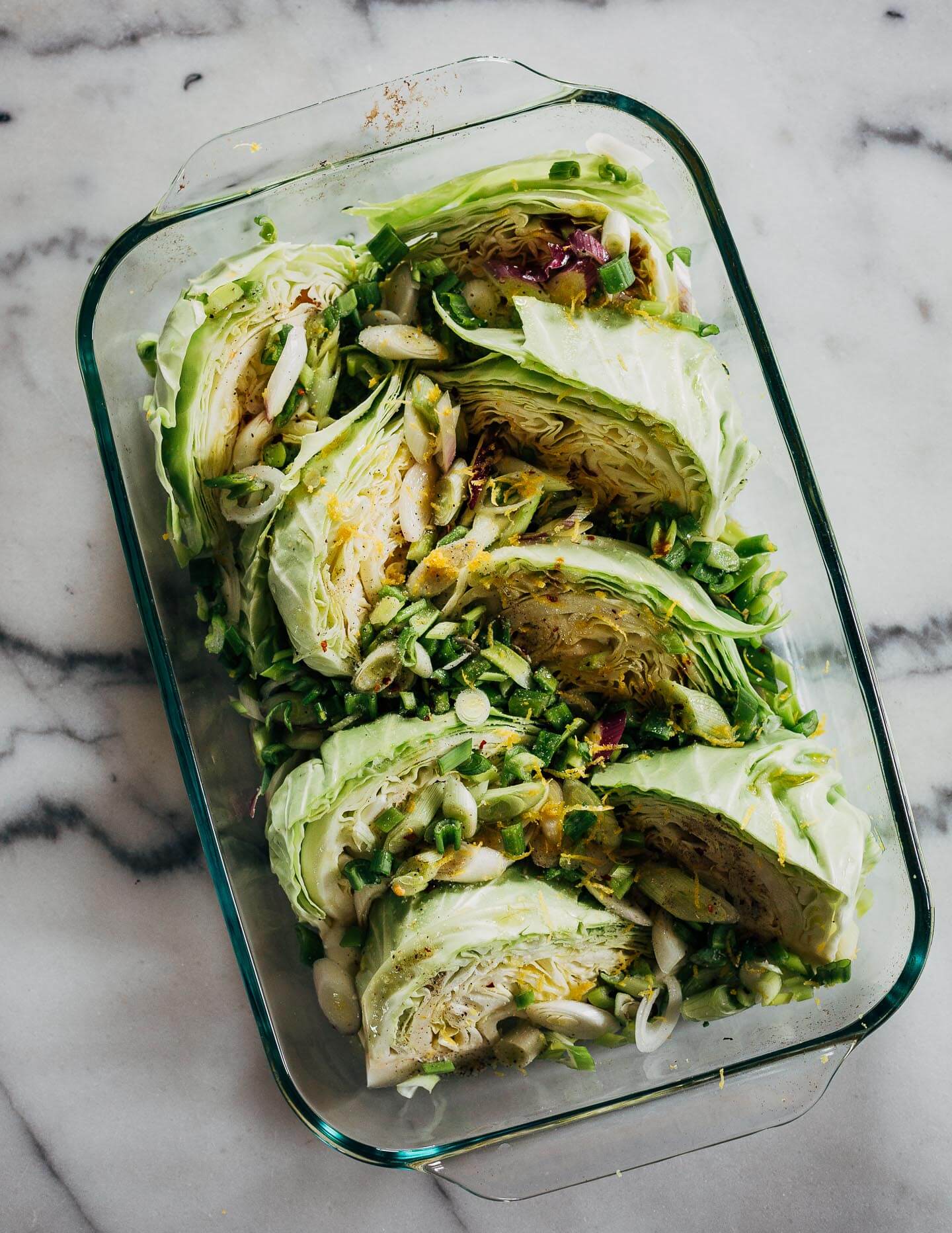 Green cabbage wedges, prepped for the oven