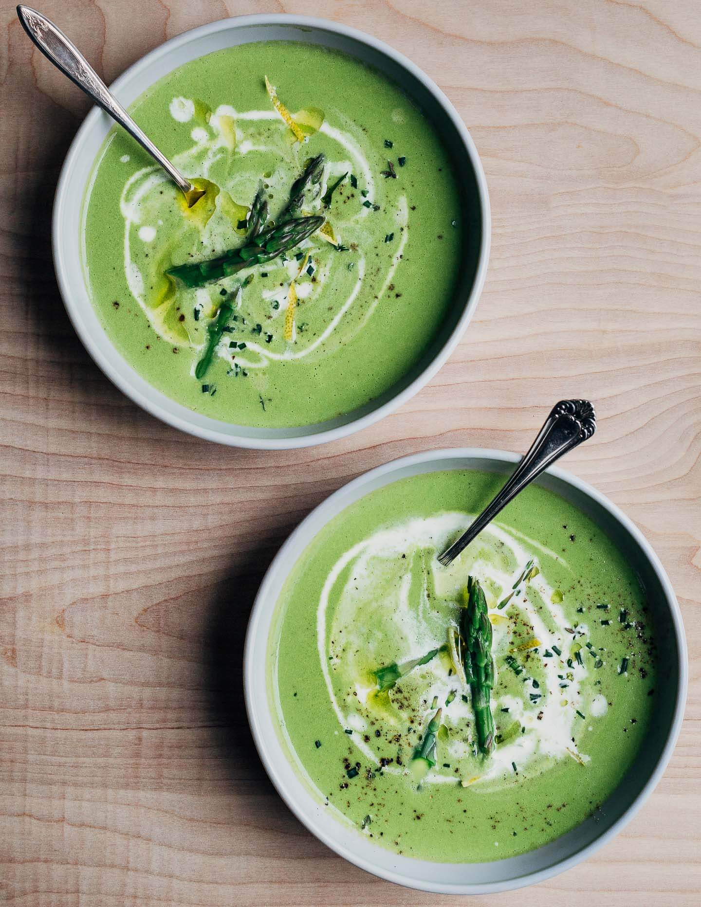 A vibrant, bright green cream of asparagus soup recipe that comes together on the stovetop in about 30 minutes.