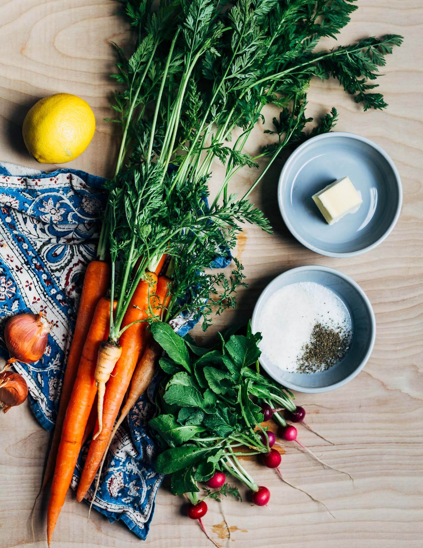 Ingredients for glazed carrots with carrot top chimichurri