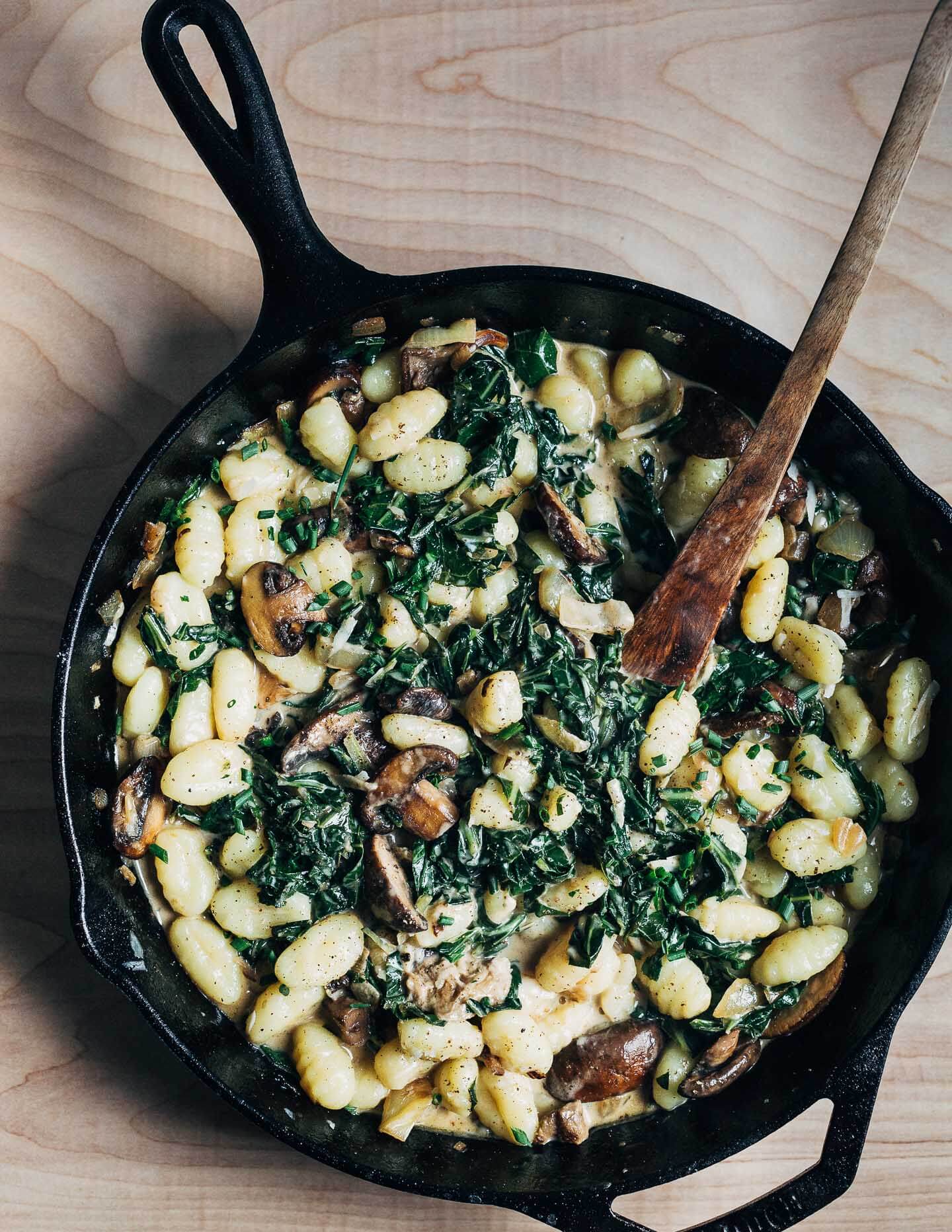 A weeknight recipe with showoff vibes, this creamy mushroom and greens gnocchi features umami-rich mushrooms, tender collard greens, and pillowy gnocchi in a velvety Parmesan and cream sauce. 