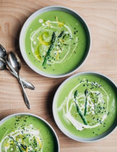 Cream of asparagus soup in bowls