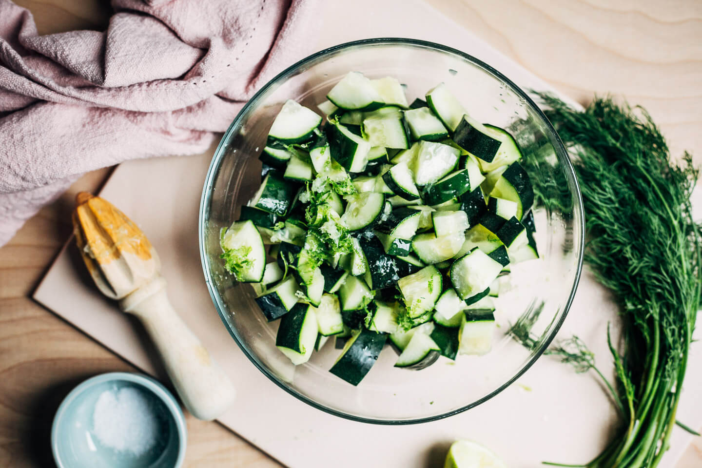 A bowl of chopped cucumbers.