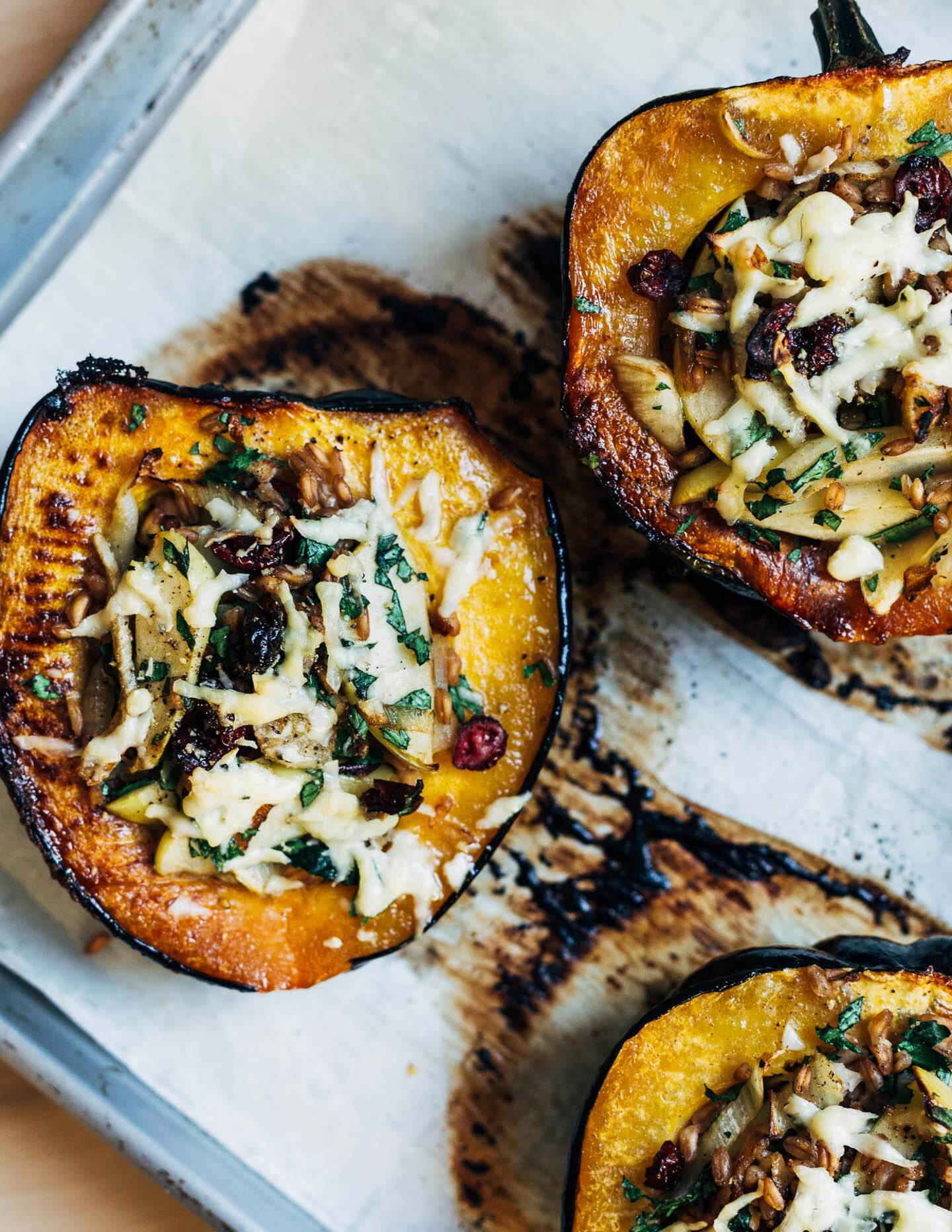 A close up view of fully cooked stuffed squash. 