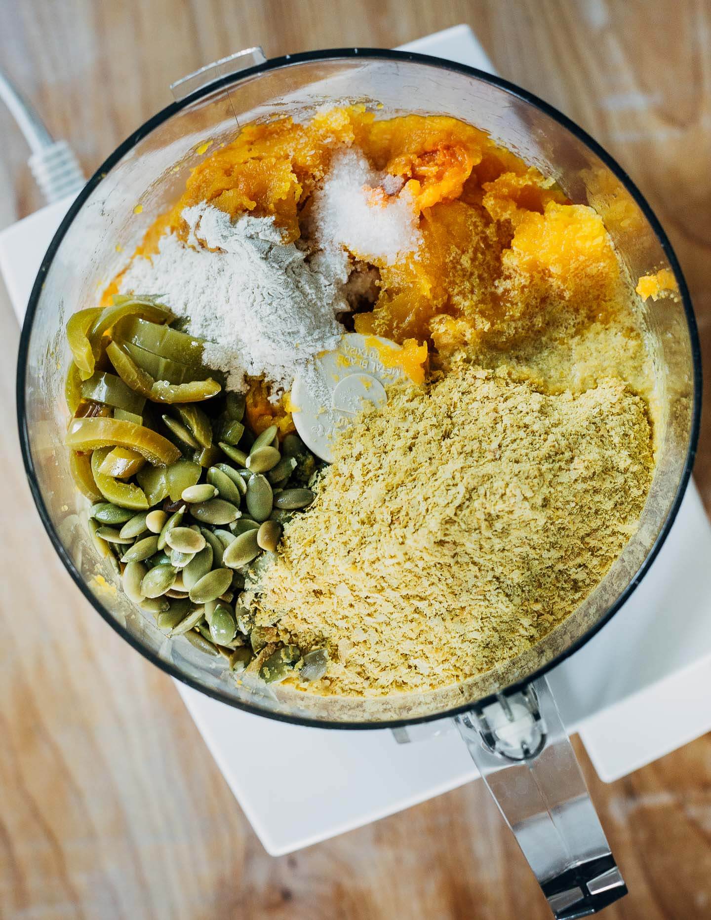 Ingredients for butternut squash queso in the food processor.