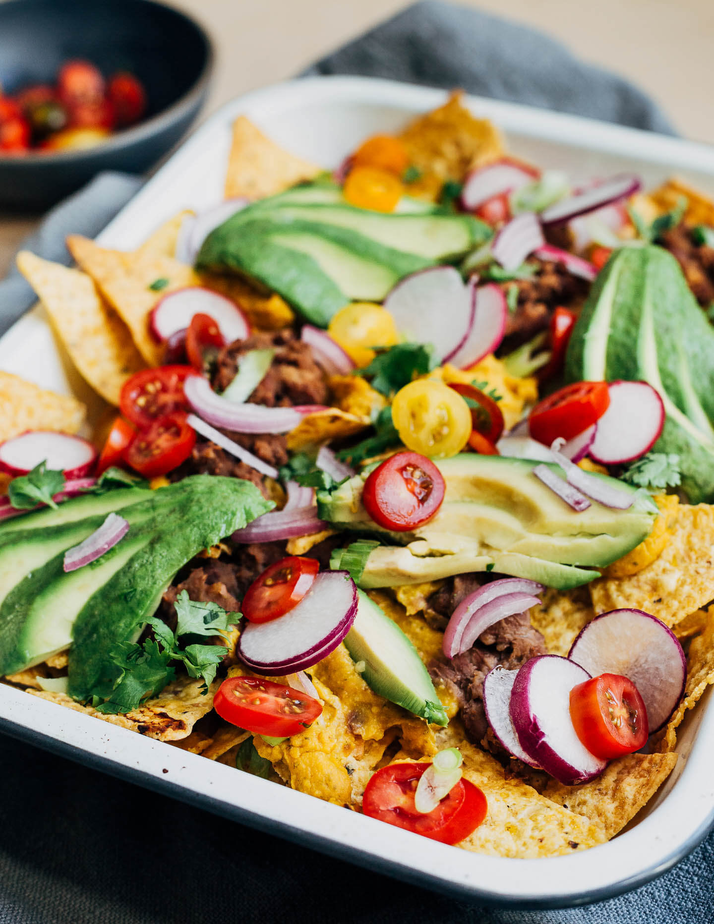 A dish of vegan nachos, ready to serve. 