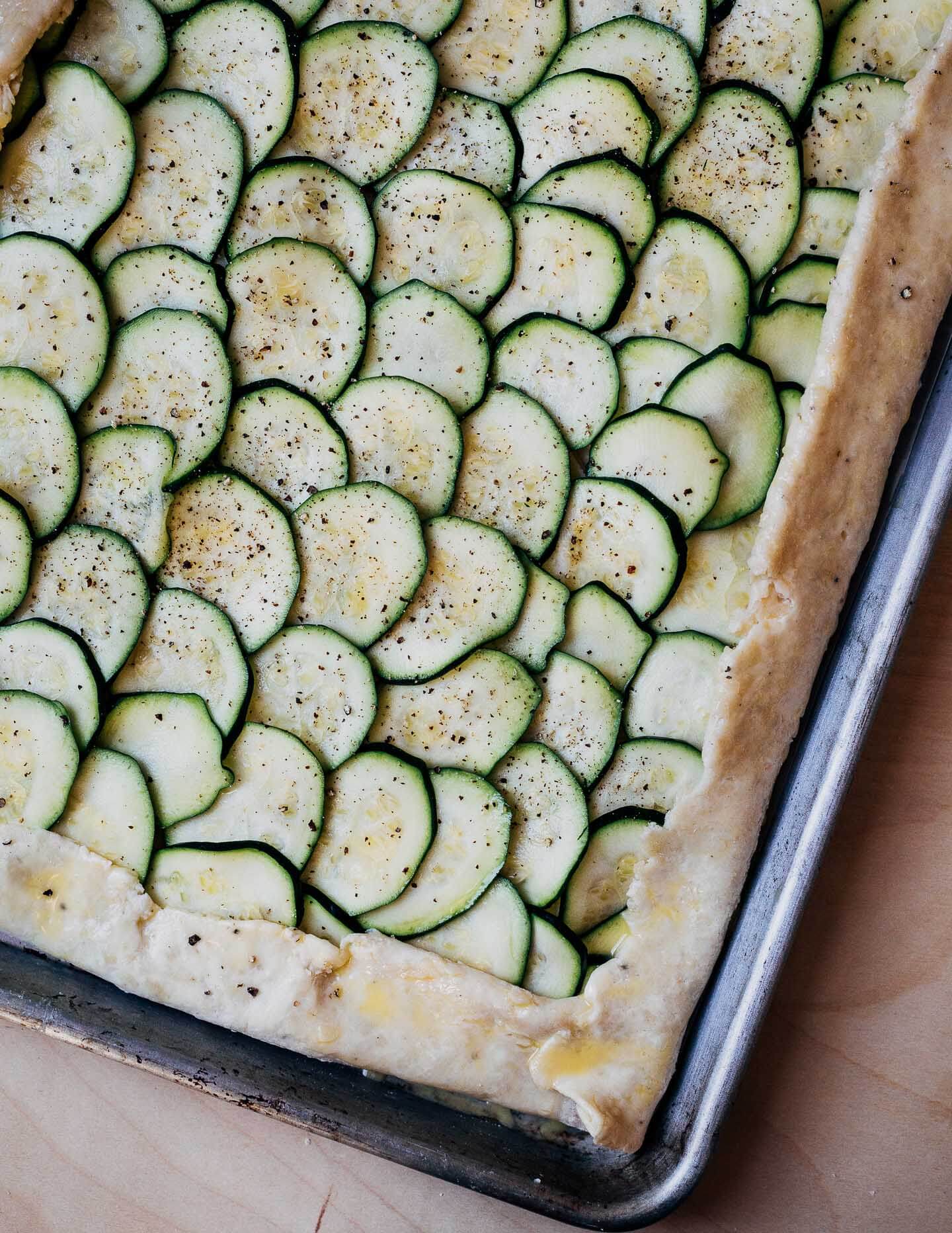 A zucchini tart, prepped and ready to bake.