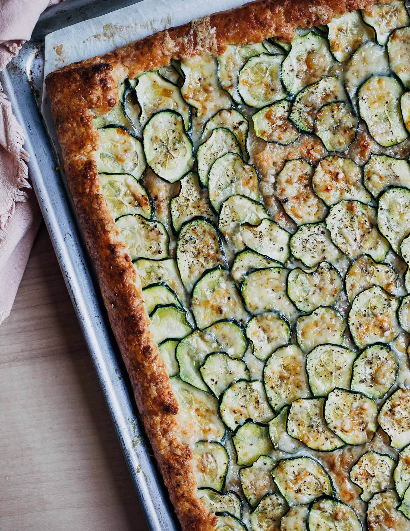 A sheet pan with a zucchini tart.