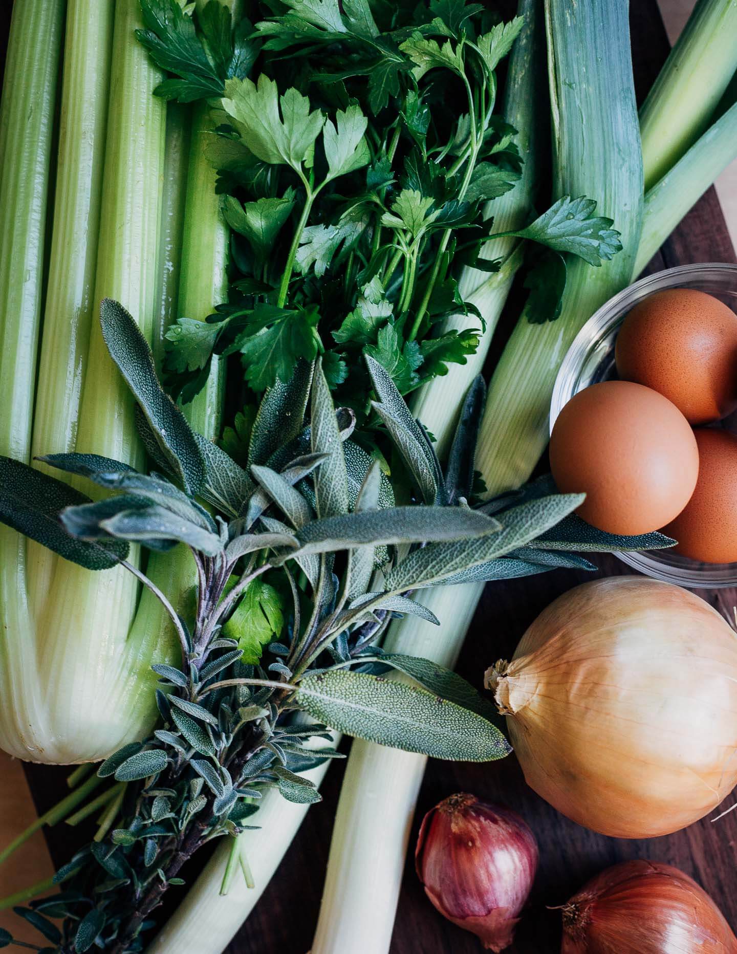 Celery, leeks, onions, and other vegetables for making stuffing. 