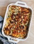 Scalloped potatoes in a baking dish, just out of the oven.