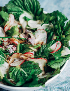 A bowl of greens with turnips and radishes.