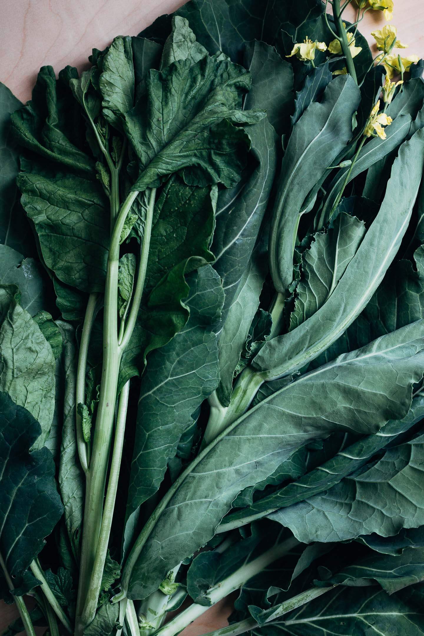 Collard and radish greens laid out on a table. 