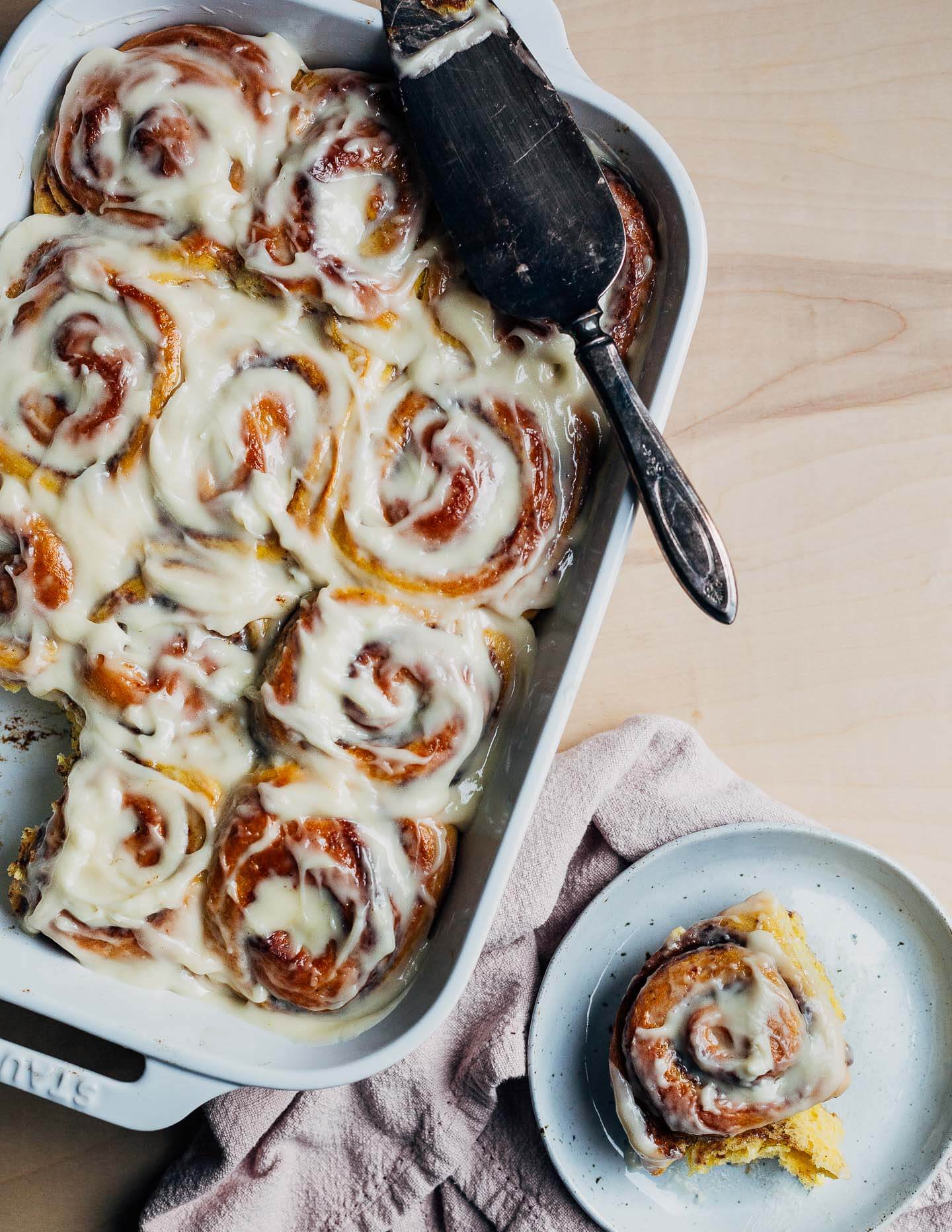 A baking dish with just-baked pumpkin cinnamon rolls. 