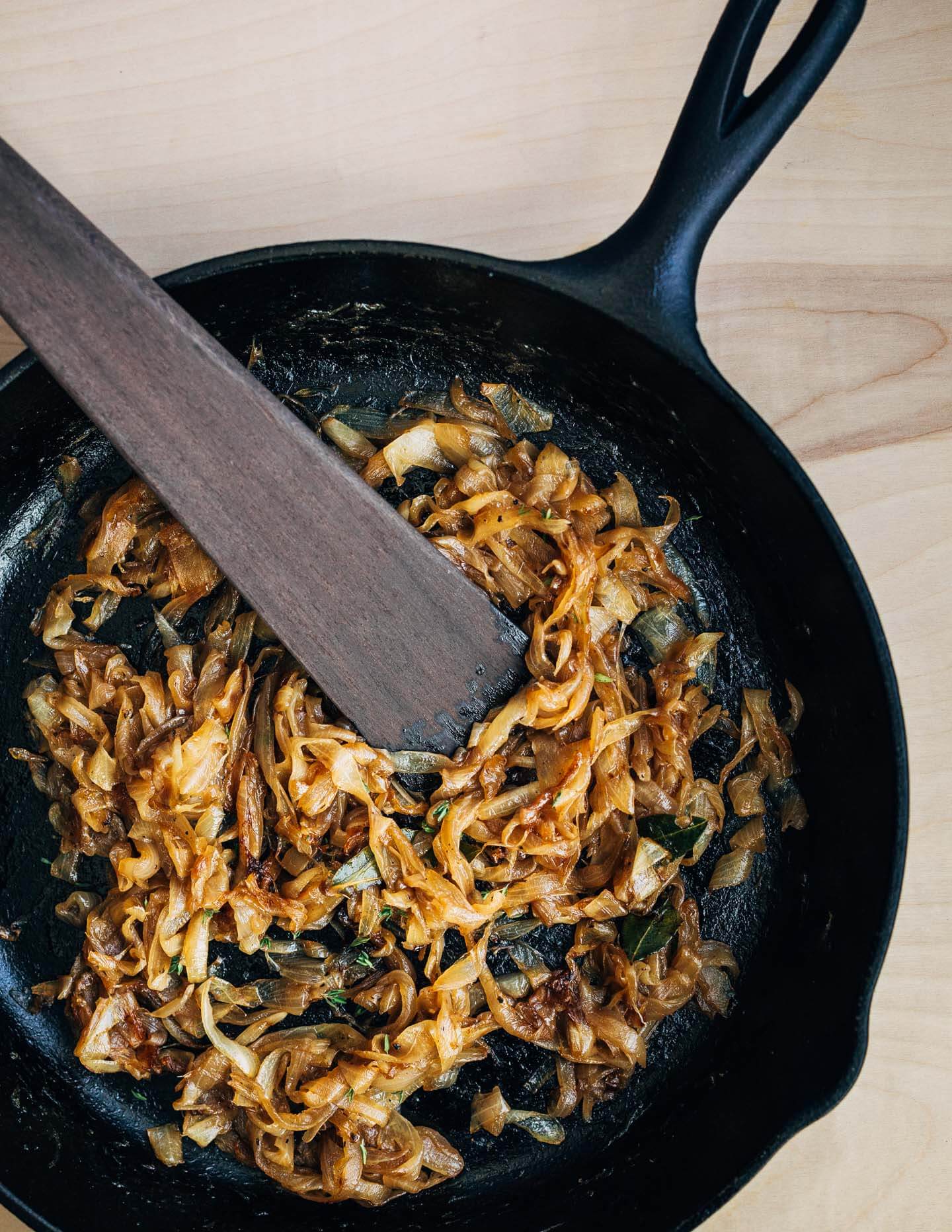 A skillet with caramelized onions.