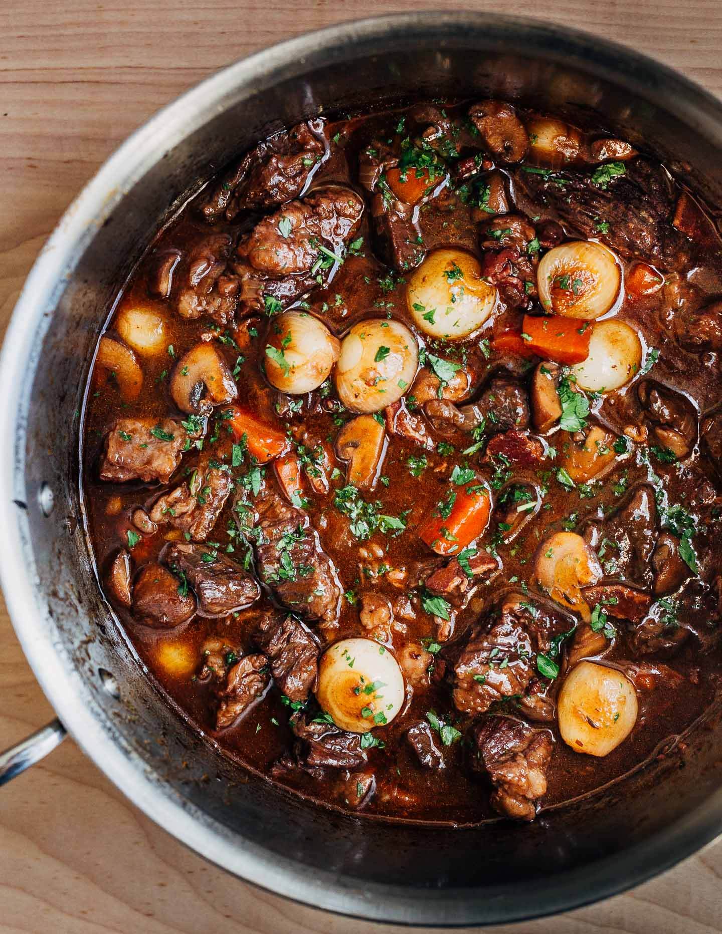 A pot of cooked beef Bourguignon.