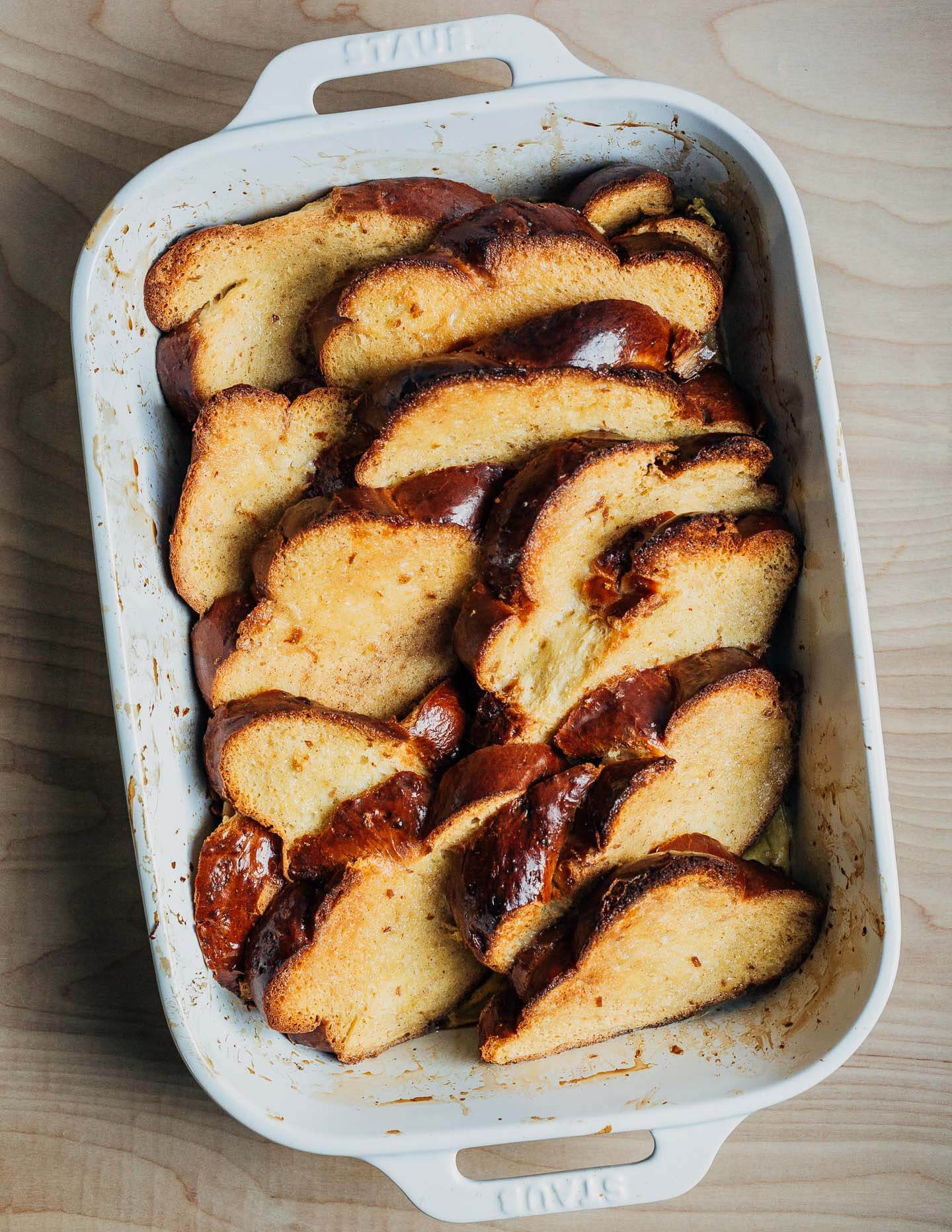 Baked French toast in a balking dish, just out of the oven